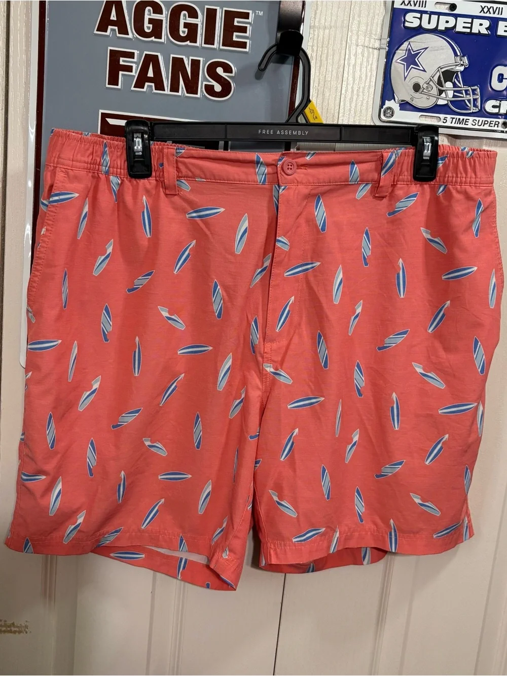 Tackle & Tides Coral Men’s Swim Trunks with Blue Surf Pattern